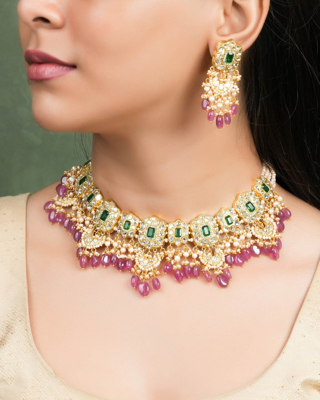 Anuja Necklace And Vidya Long Earrings Polki Set