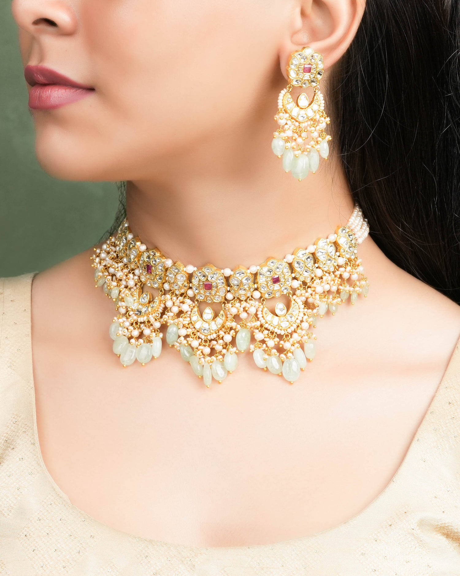 Janit Choker And Sanjana Long Earrings Polki Set