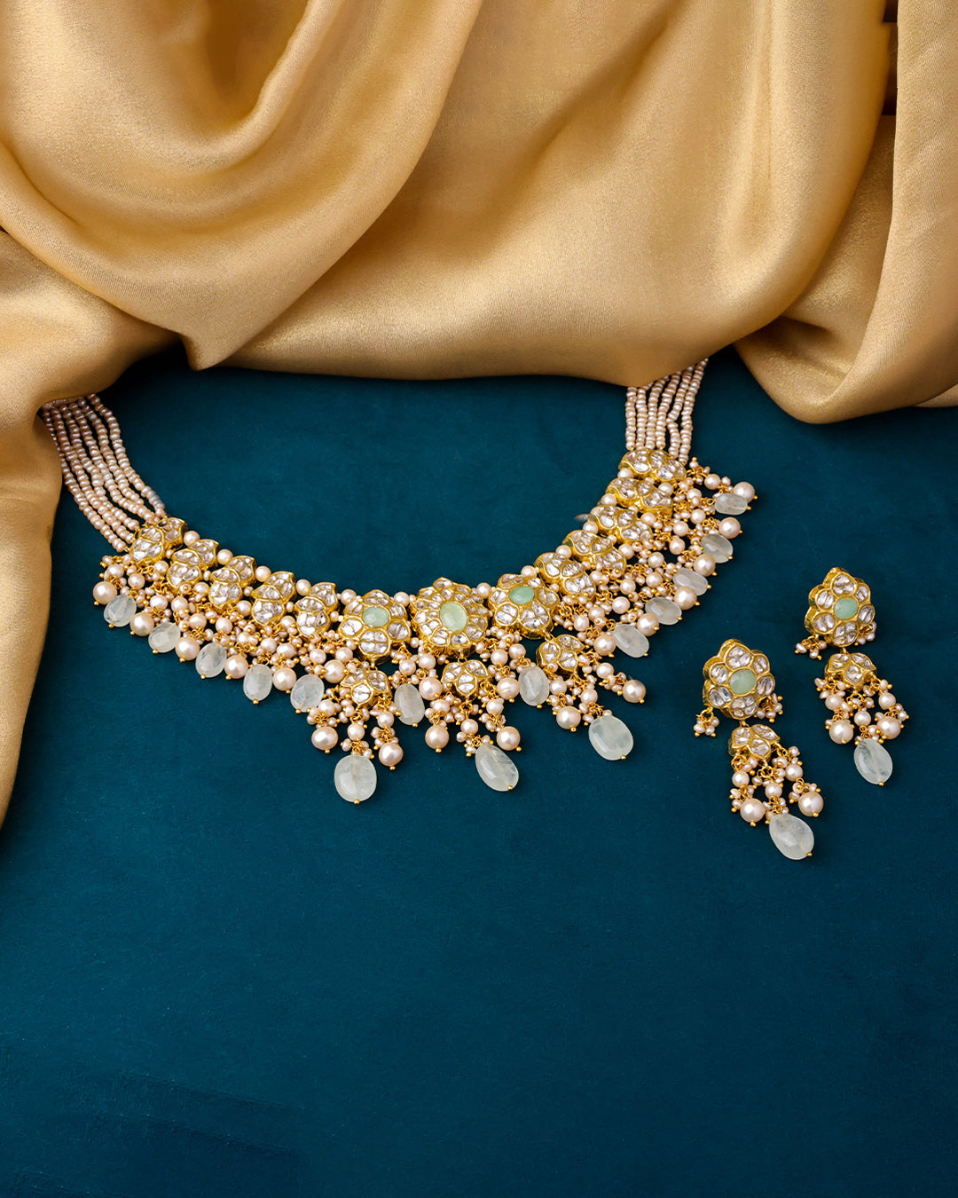 Fhalguni Necklace And Aahana Long Earrings Polki Set