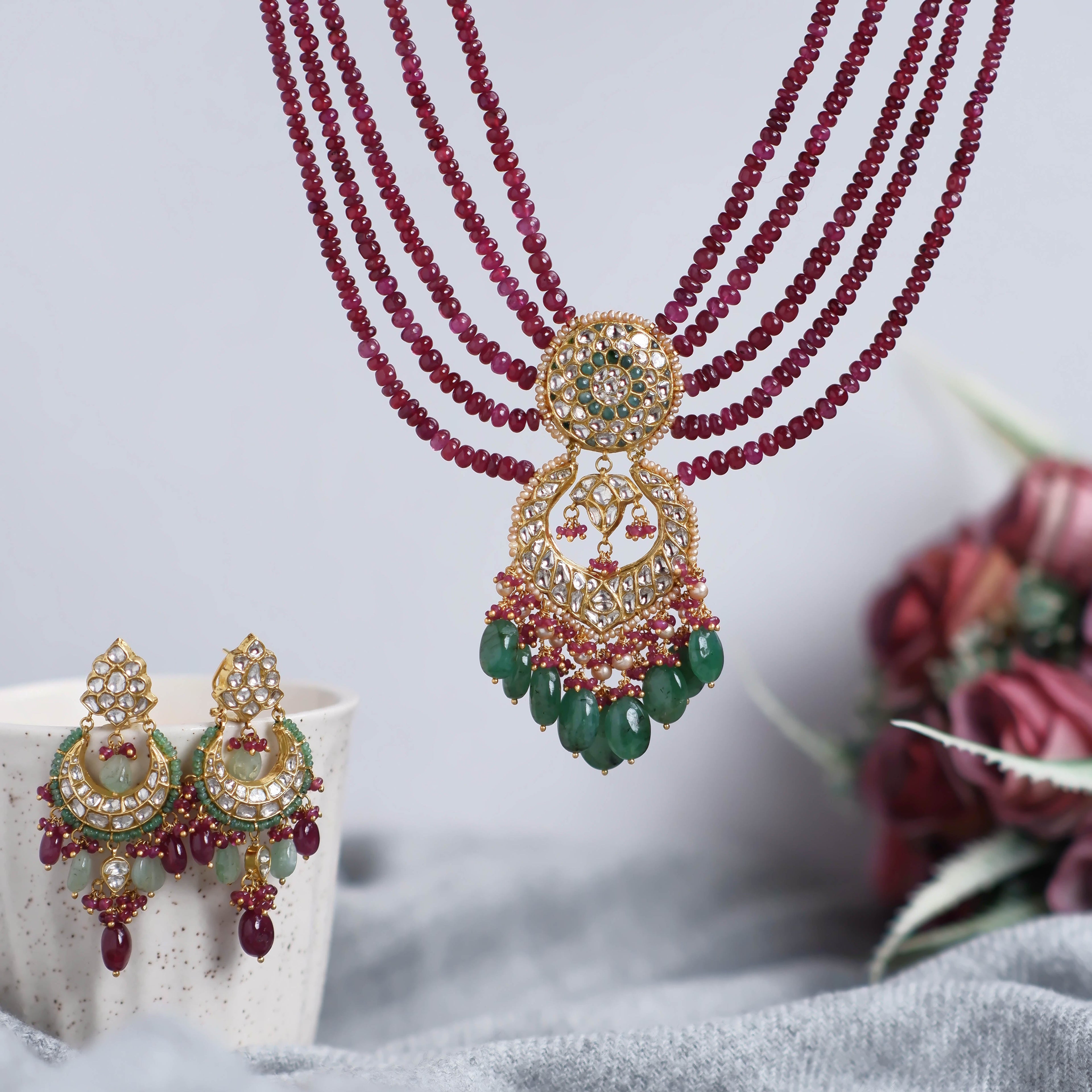 Julekha Bead Pendant And Aakifa Chandbalis Polki Set