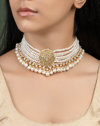 Mariam Bead Choker And Dhanvi Long Necklace Polki Set