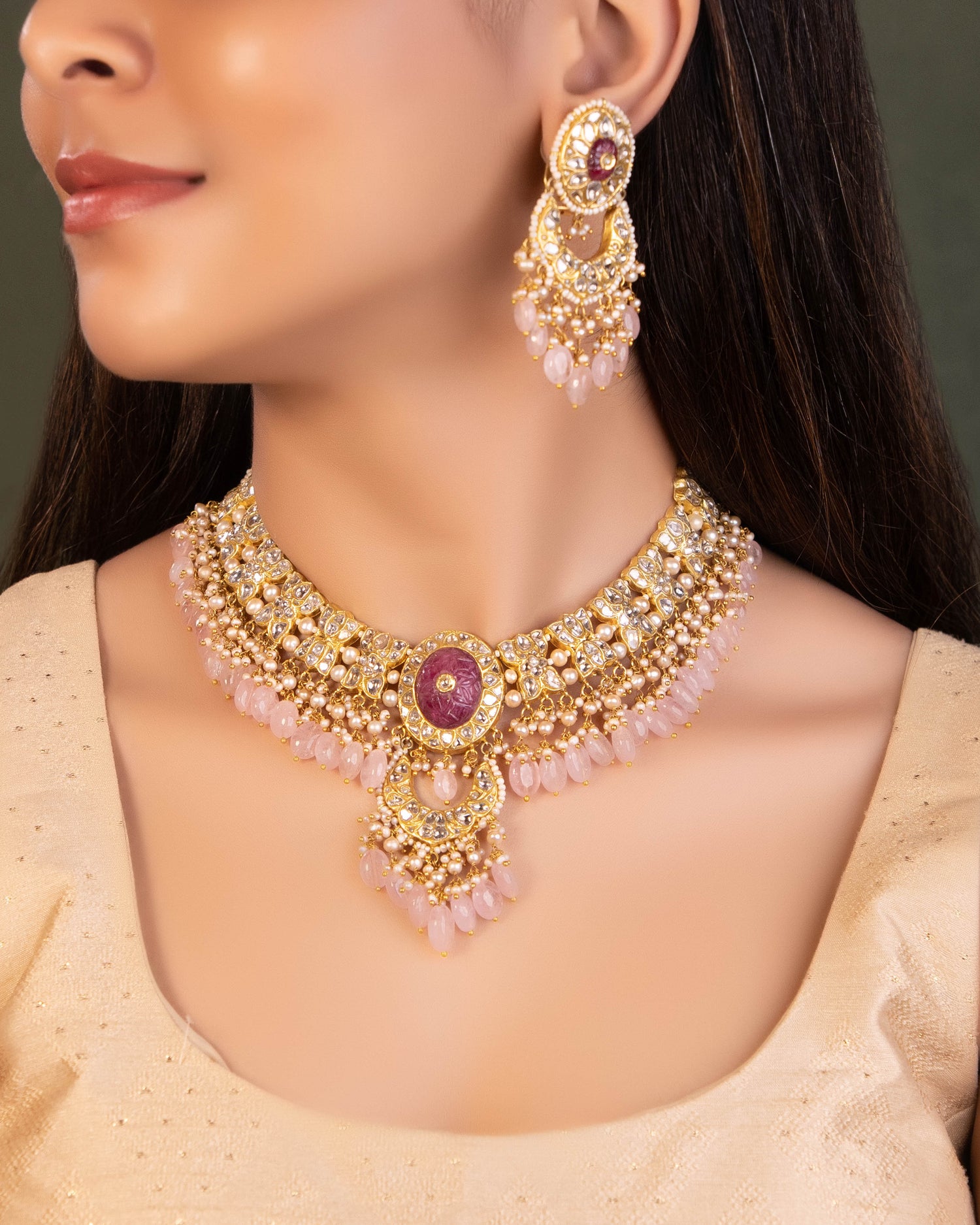 Suman Necklace And Bhavya Chandbalis Polki Set