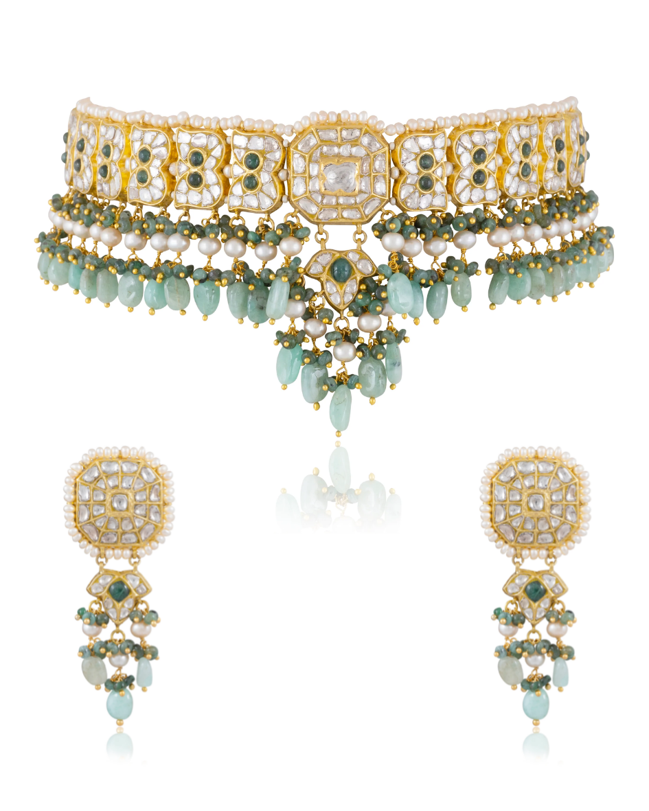 Nividita Choker And Sana Long Earrings Polki Set