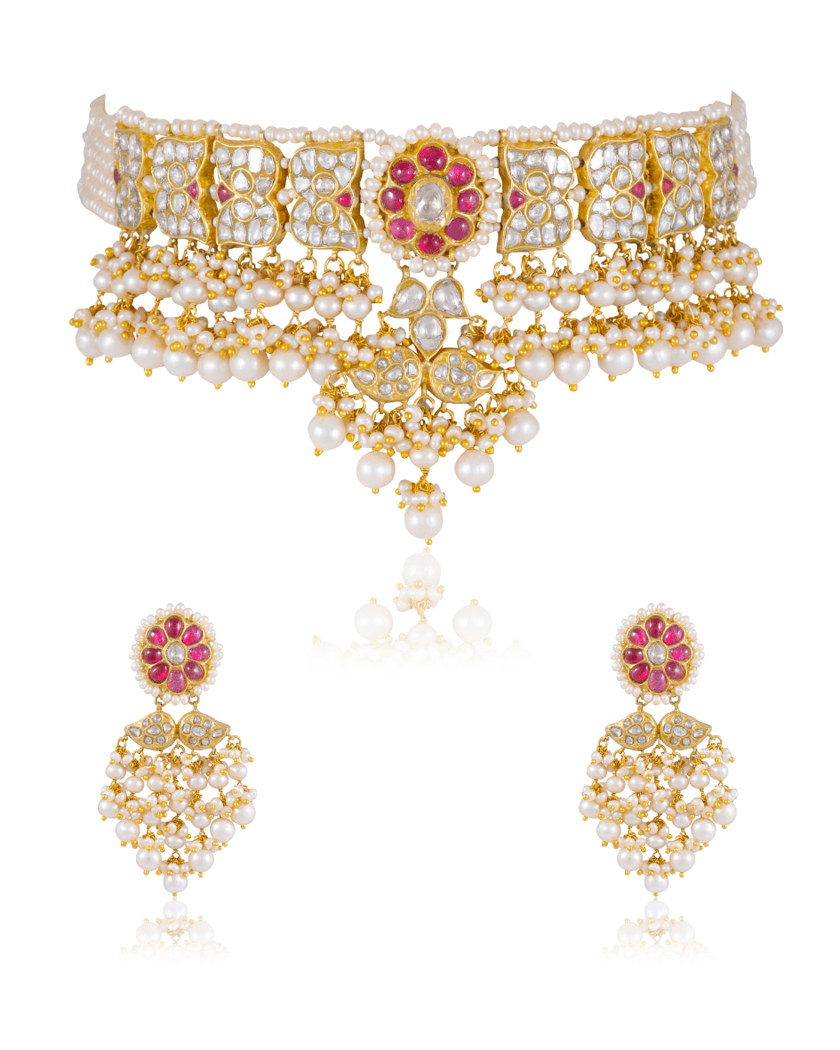 Mughda Choker And Pihu Long Earrings Polki Set