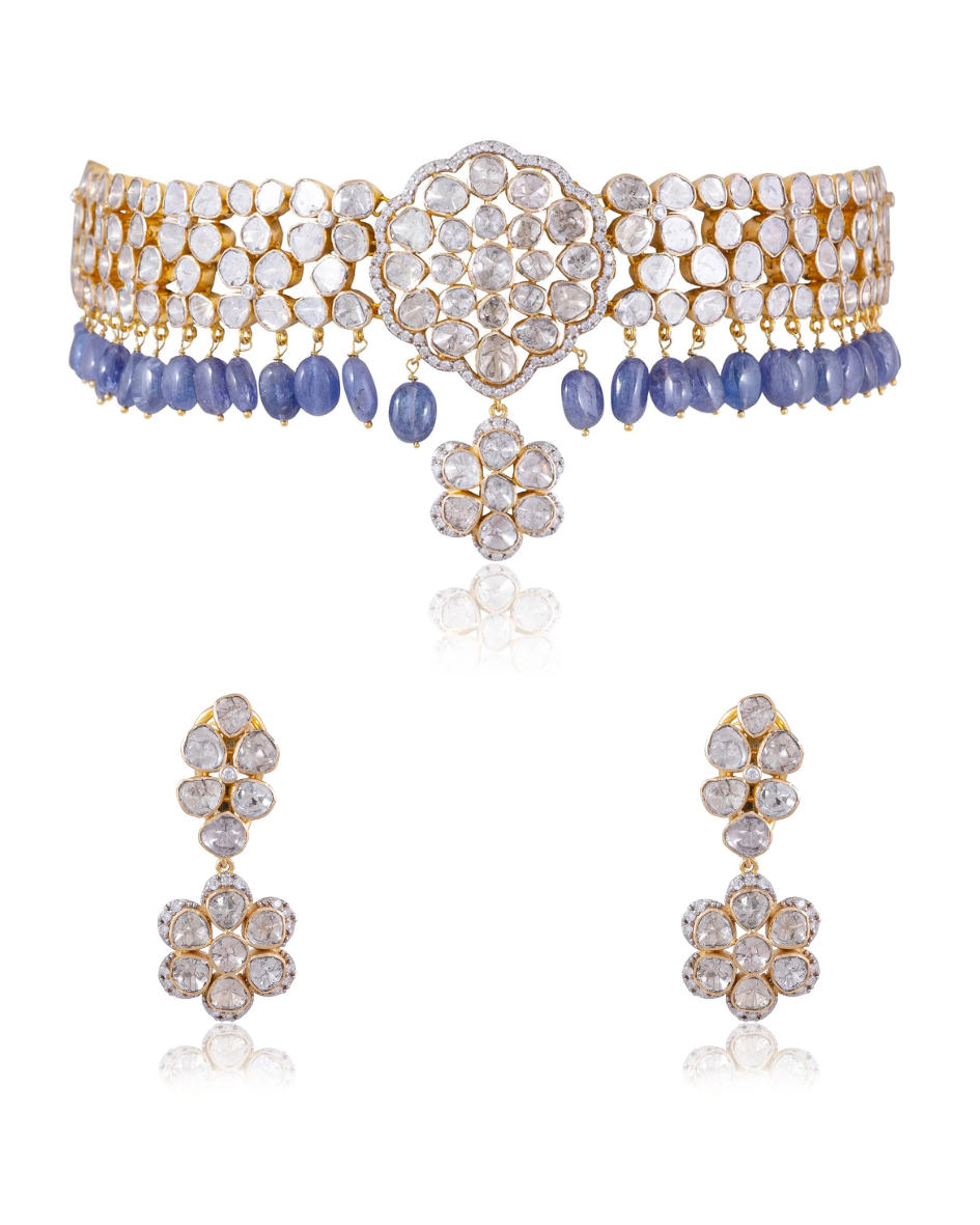 Urvashi Choker And Ekanta Long Earrings Polki And Diamond Set