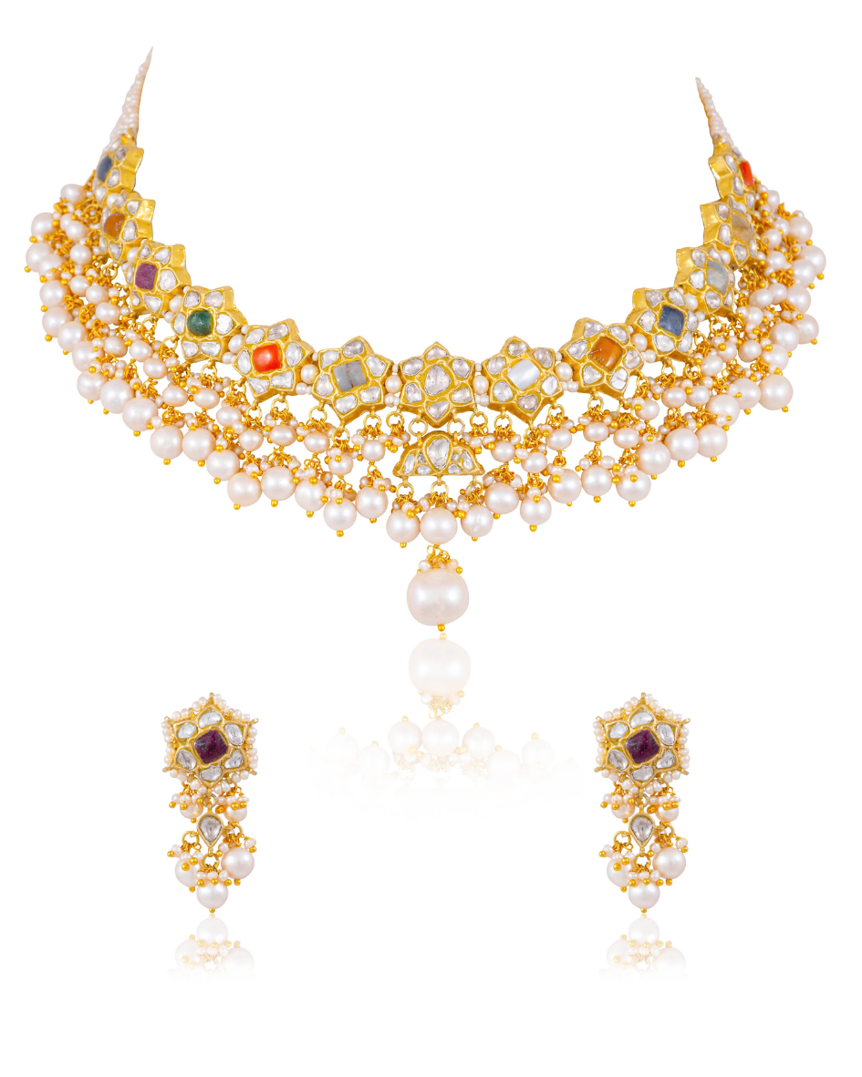 Trupti Necklace And Deniya Long Earrings Polki Set