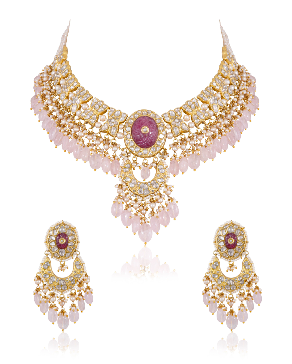 Suman Necklace And Bhavya Chandbalis Polki Set