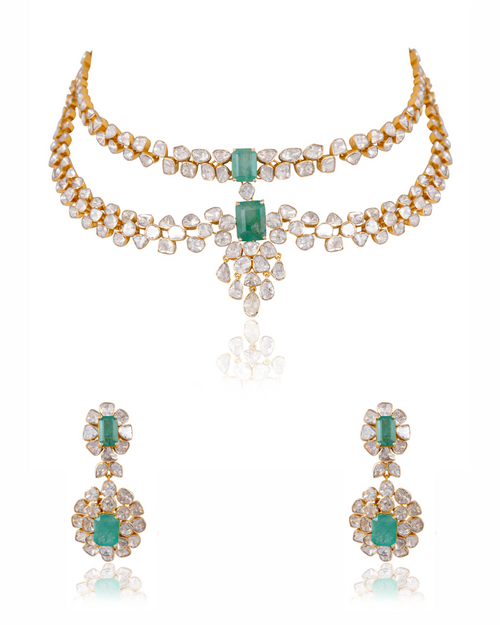 Puravi Necklace And Rushda Long Earrings Polki Set