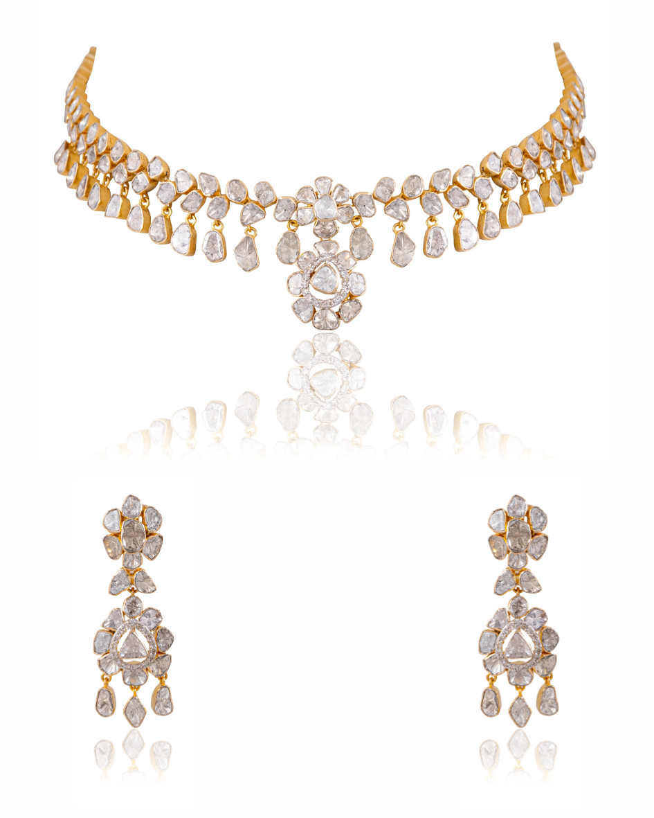 Zeena Necklace And Priyanshi Long Earrings Polki And Diamond Set