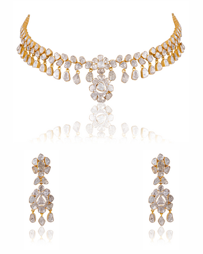 Zeena Necklace And Priyanshi Long Earrings Polki And Diamond Set