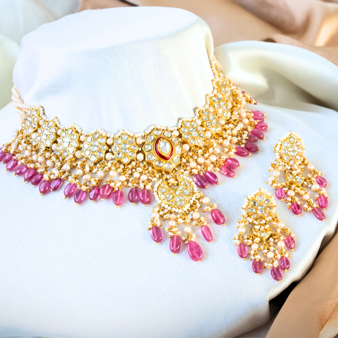 Fariya Necklace And Isha Long Earrings Polki Set