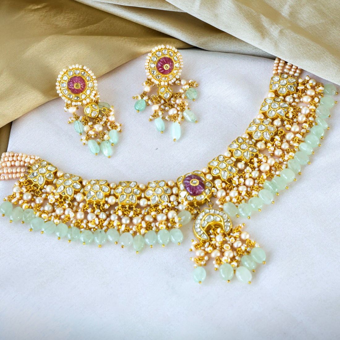 Parinita Necklace And Katherine Long Earrings Polki Set