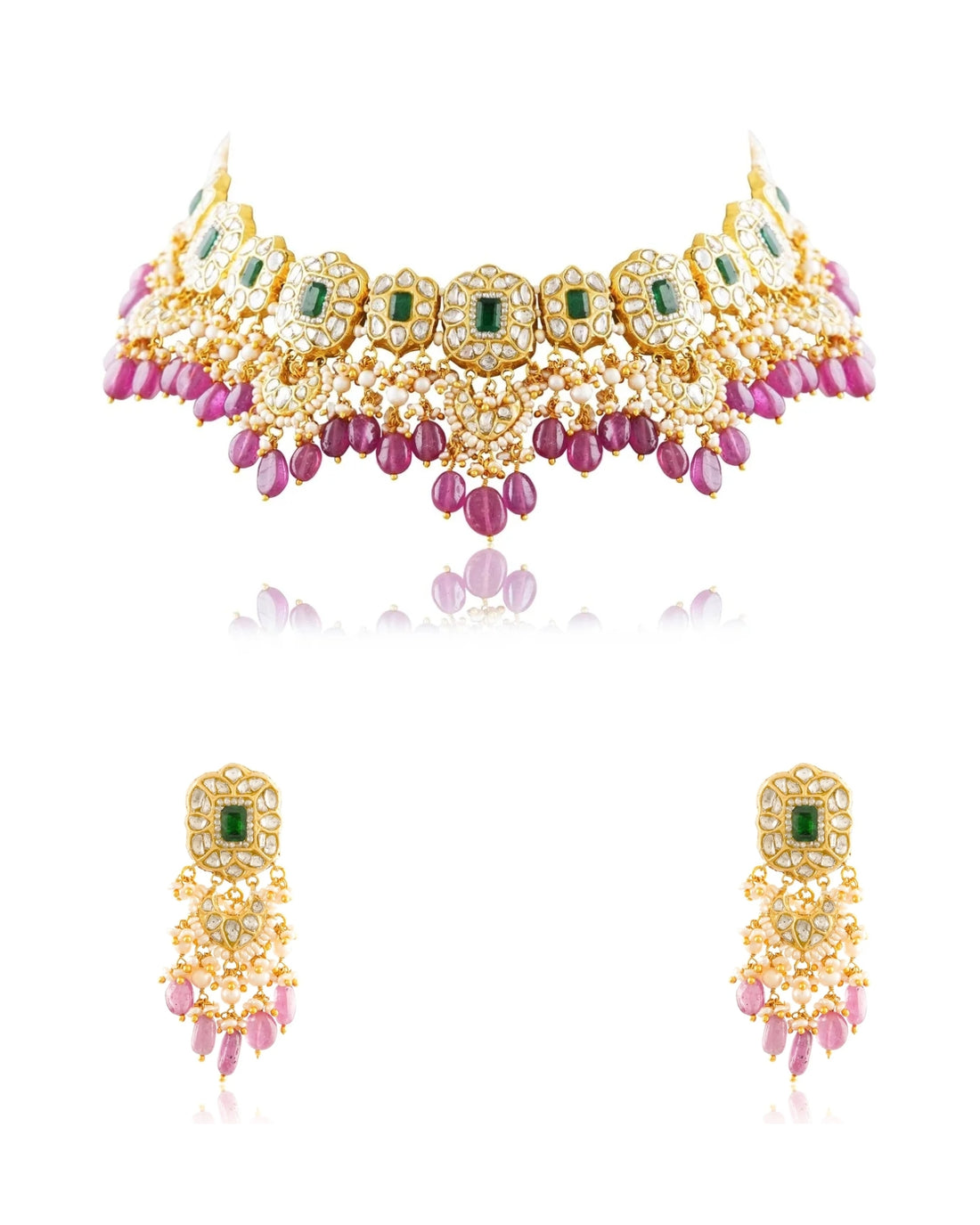 Anuja Necklace And Vidya Long Earrings Polki Set