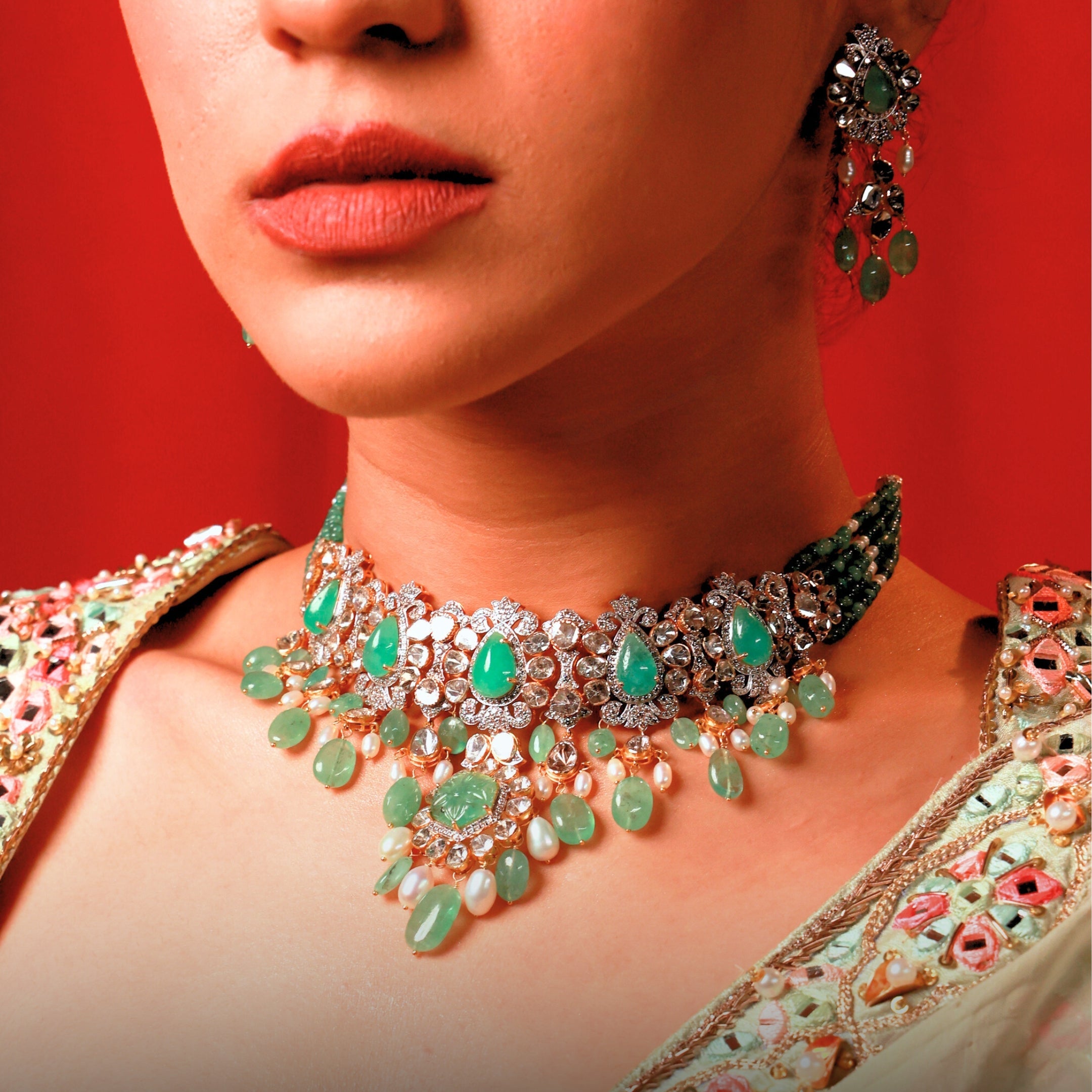 Reena Necklace And Laila Long Earrings Polki And Diamond Set