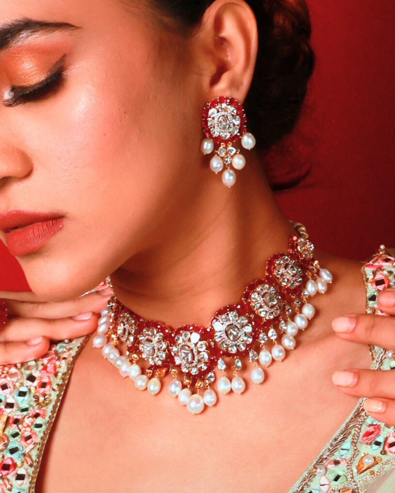 Manali Necklace And Jashmita Long Earrings Polki And Diamond Set