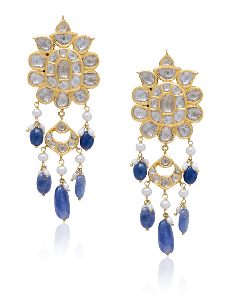 Blue Jadau Polki Long Earrings