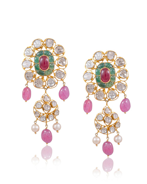 Smriti Bead Pendant And Desa Long Earrings Polki And Diamond Set