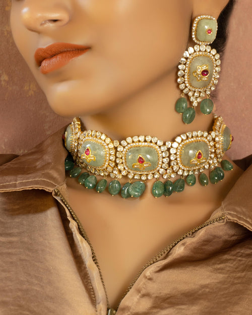 Aditi Polki Long Earrings and Polki Choker Set