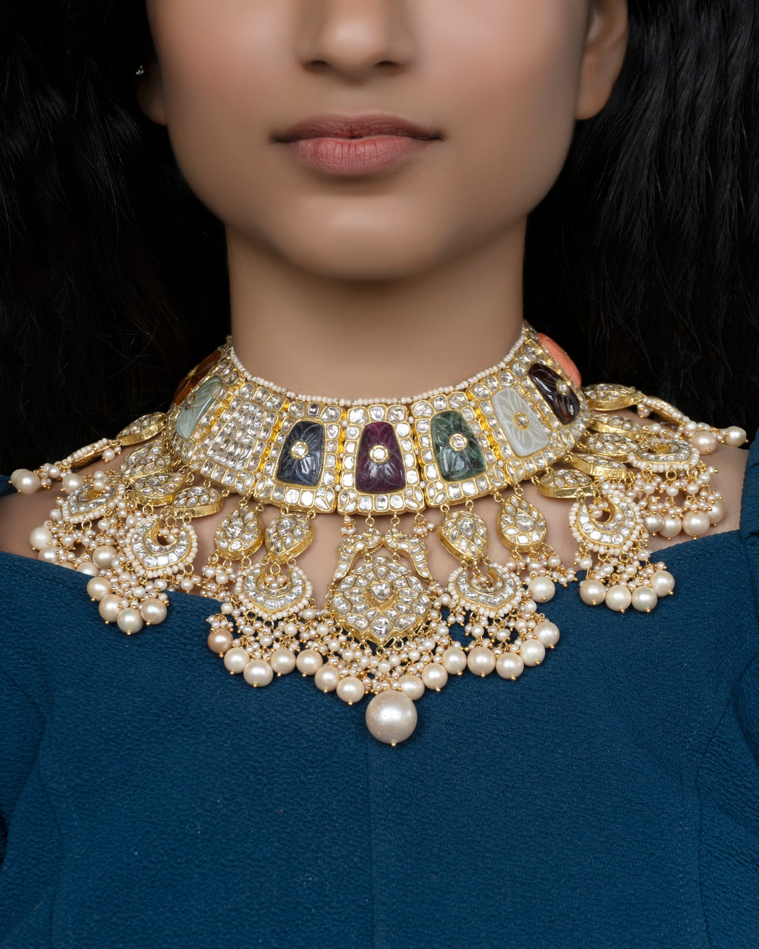 Sazai Necklace and Chahekya Chandbalis Polki Set