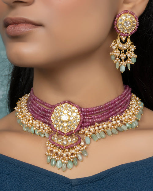 Daina Bead Choker and Panika Chandbalis Polki Set