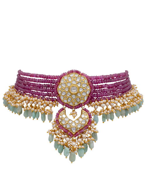 Daina Bead Choker and Panika Chandbalis Polki Set