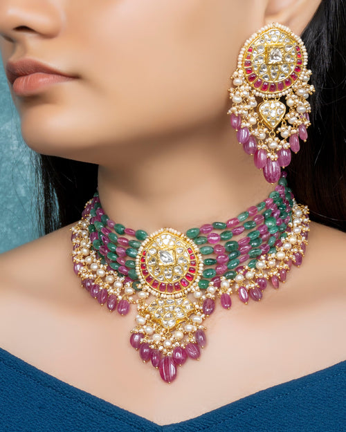 Normani Bead Choker and Tejal Long Earrings Polki Set