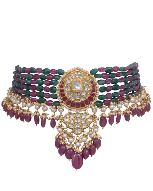 Normani Bead Choker and Tejal Long Earrings Polki Set