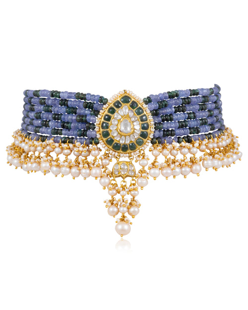 Mitika Bead Choker and Rucheeka Long Earrings Polki Set