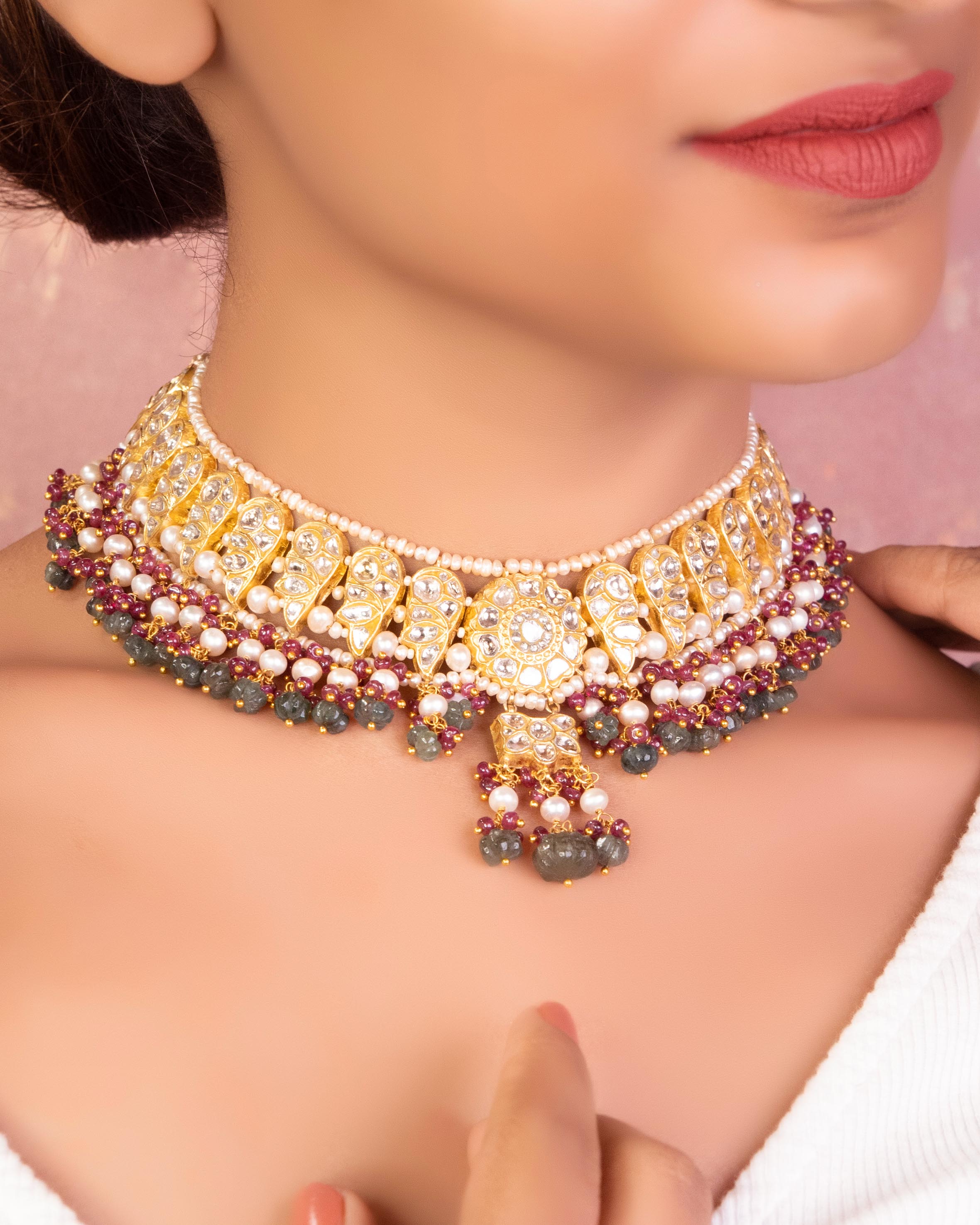 Isha Necklace And Aachal Long Earrings Polki Set