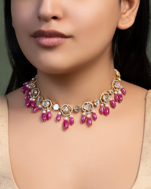 Deepti Choker And Rateeka Long Earrings Polki And Diamond Set