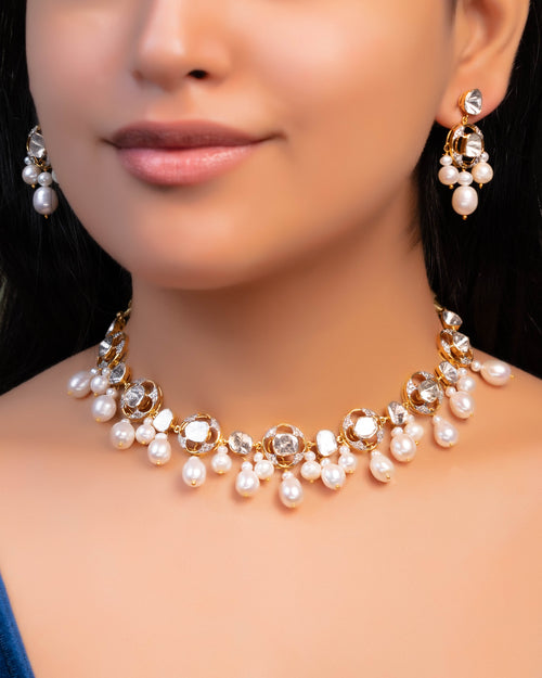 Shubhangi Choker And Chandika Long Earrings Polki And Diamond Set