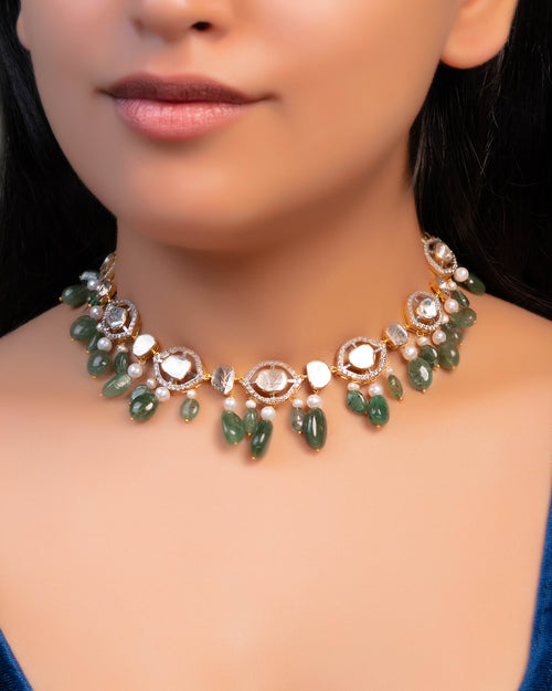 Maithili Choker And Cammy Long Earrings Polki And Diamond Set