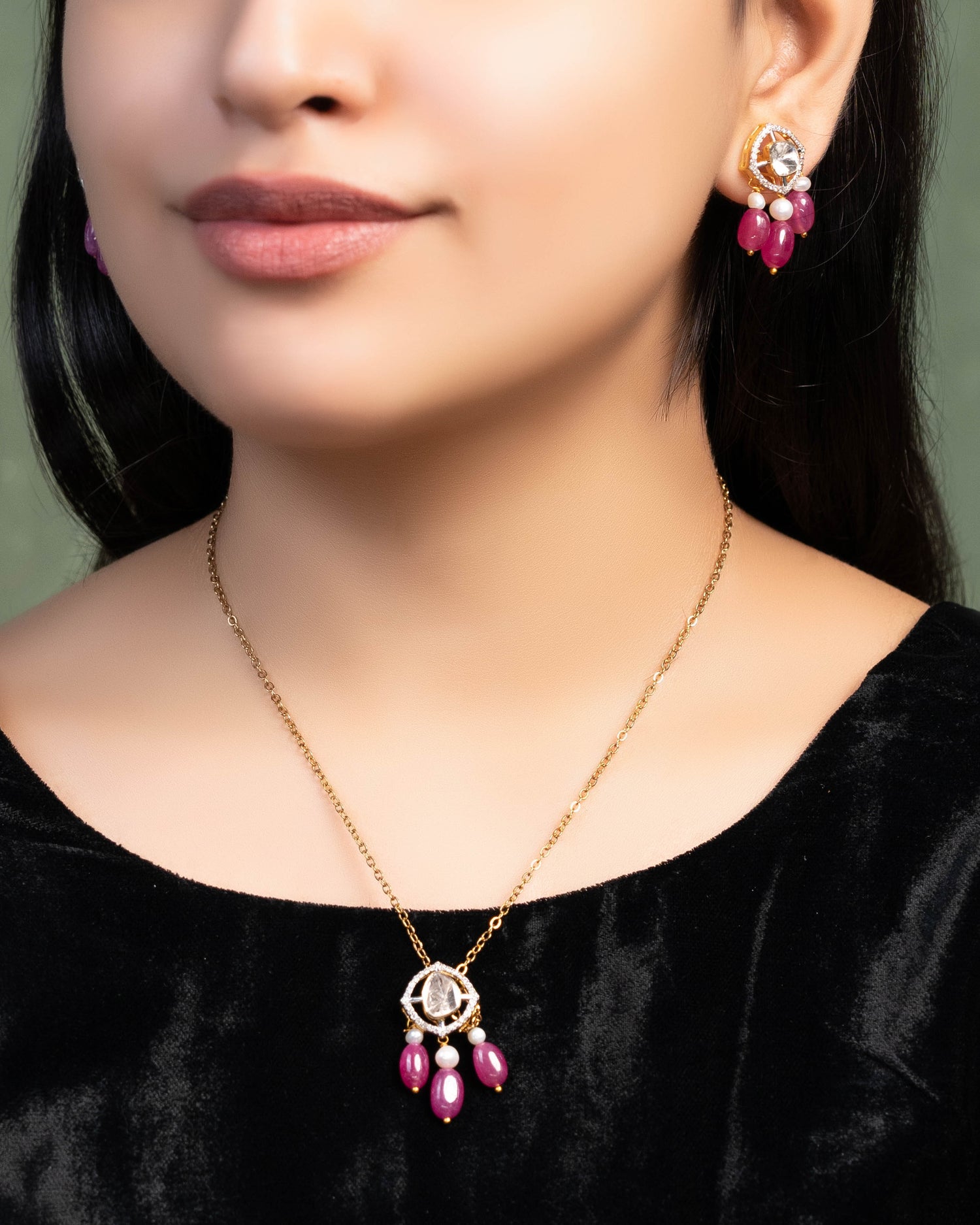 Urvashi Pendant And Dharika Tops Polki And Diamond Set