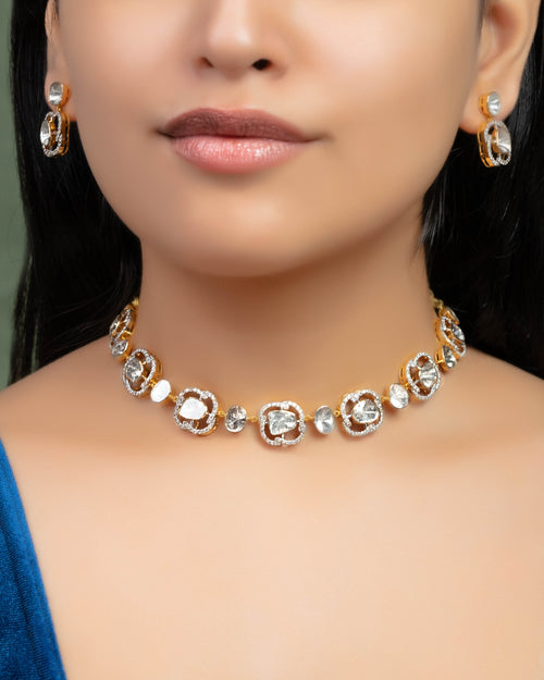 Preya Choker And Asha Long Earrings Polki And Diamond Set