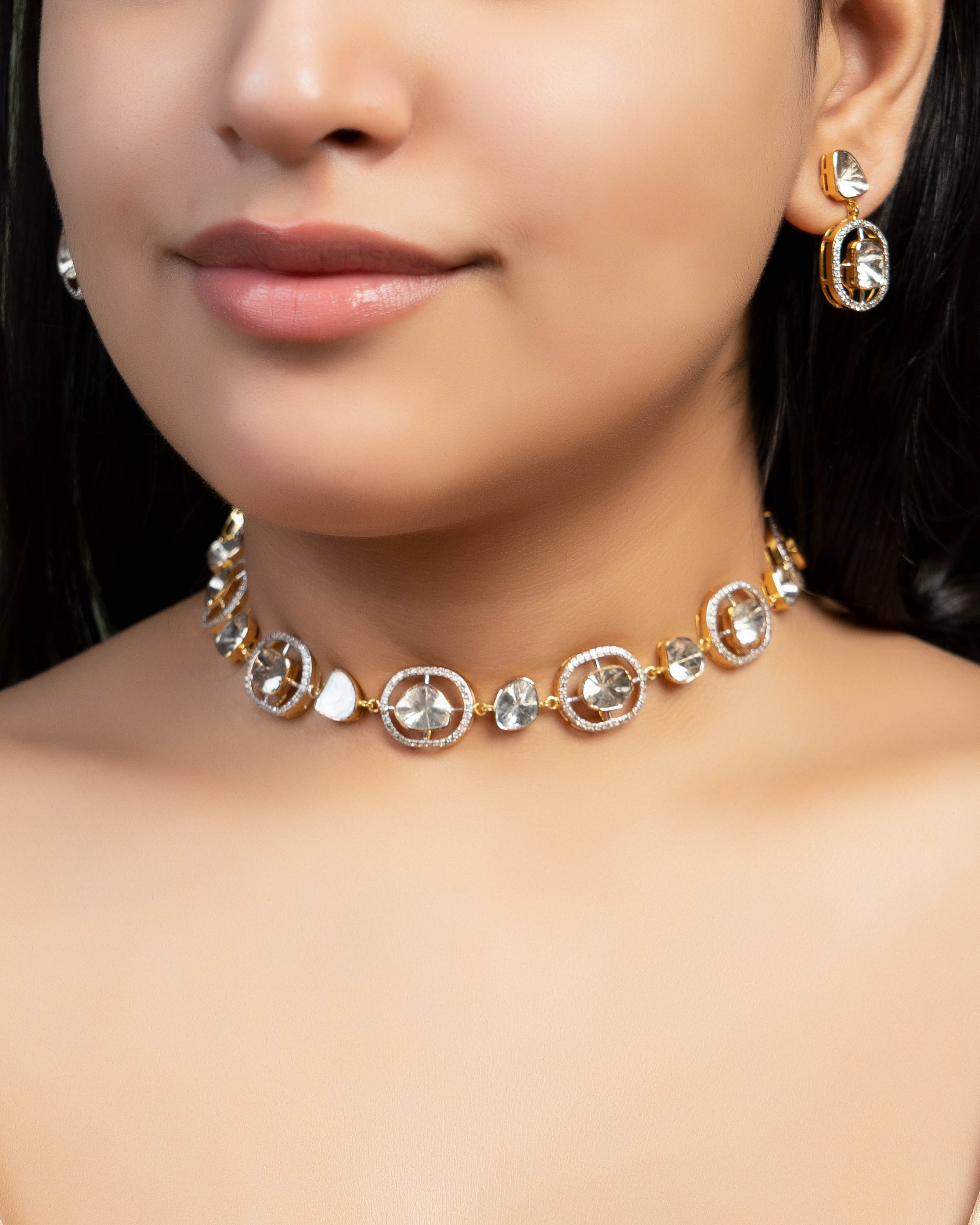 Pallavi Choker And Tulsika Long Earrings Polki And Diamond Set