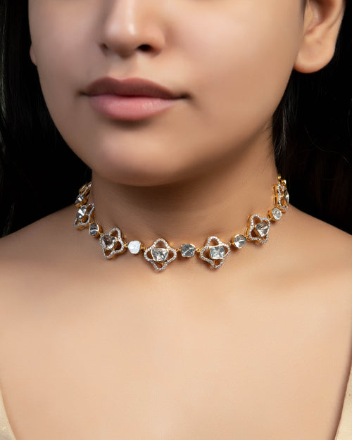 Anveta Choker And Taniya Long Earrings Polki And Diamond Set
