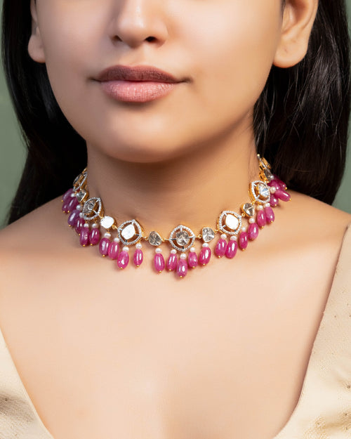 Mireya Choker And Sachi Long Earrings Polki And Diamond Set