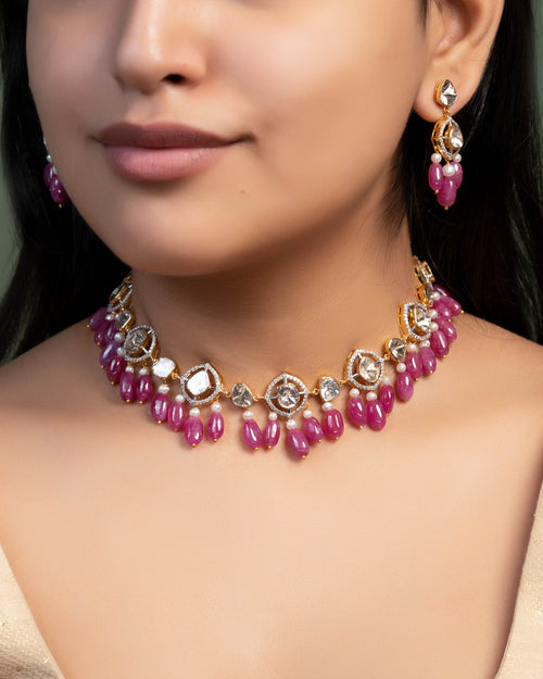Mireya Choker And Sachi Long Earrings Polki And Diamond Set
