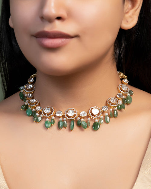 Matsya Choker And Tara Long Earrings Polki And Diamond Set