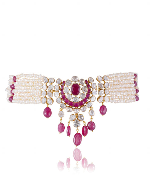 Shrushti Bead Choker And Janet Long Earrings Polki Set