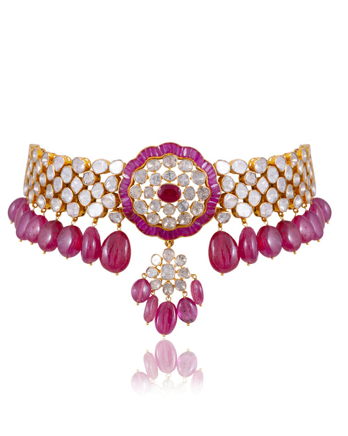 Jasmin Bead Choker And Jissa Jhumkas Polki Set