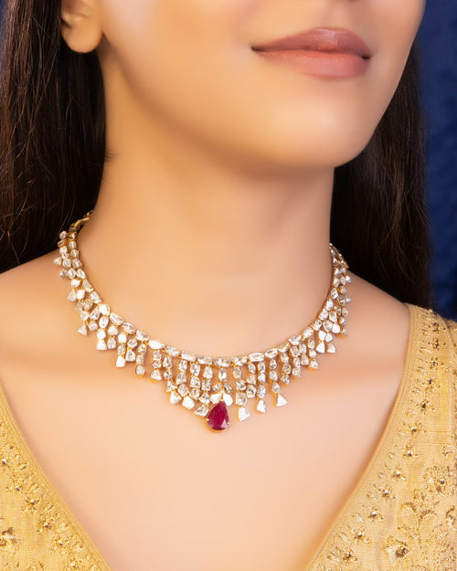 Diya Necklace And Sanskruti Long Earrings Polki Set