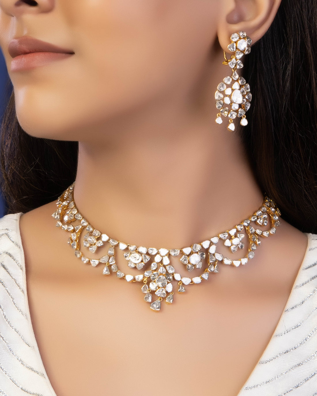Polki Necklace and Long Earrings Set - Glamorous Ensemble from Rocky and Rani Collection
