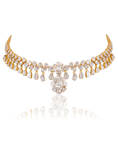 Zeena Necklace And Priyanshi Long Earrings Polki And Diamond Set