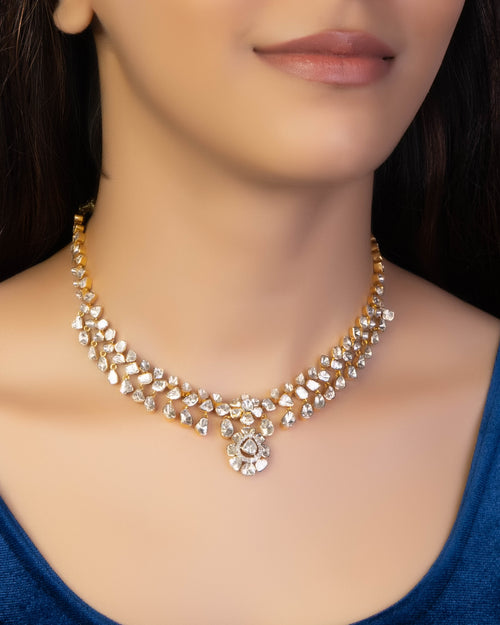 Zeena Necklace And Priyanshi Long Earrings Polki And Diamond Set