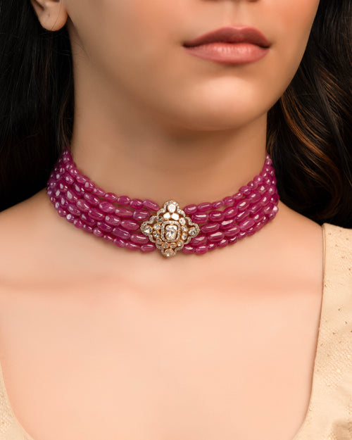 Zyla Polki And Diamond Bead Choker
