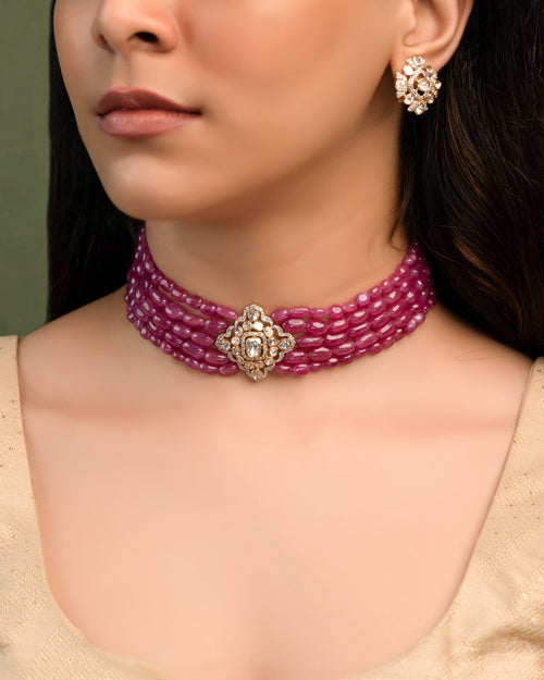 Zyla Polki And Diamond Bead Choker