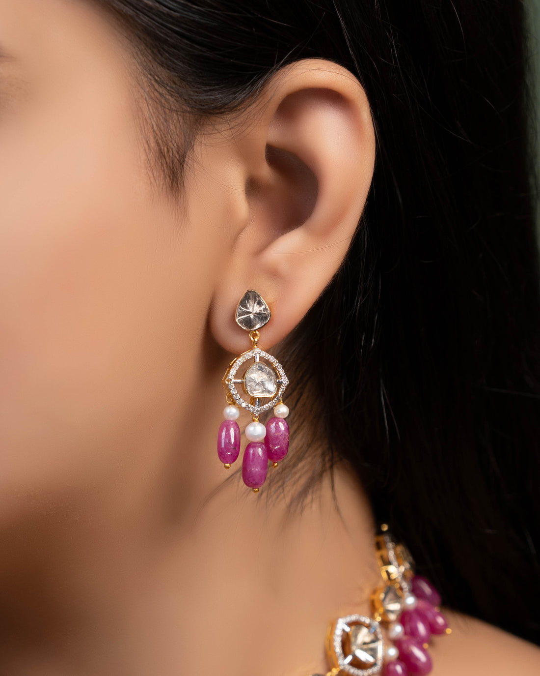 Mireya Choker And Sachi Long Earrings Polki And Diamond Set