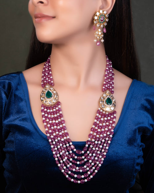 Smriti Bead Pendant And Desa Long Earrings Polki And Diamond Set