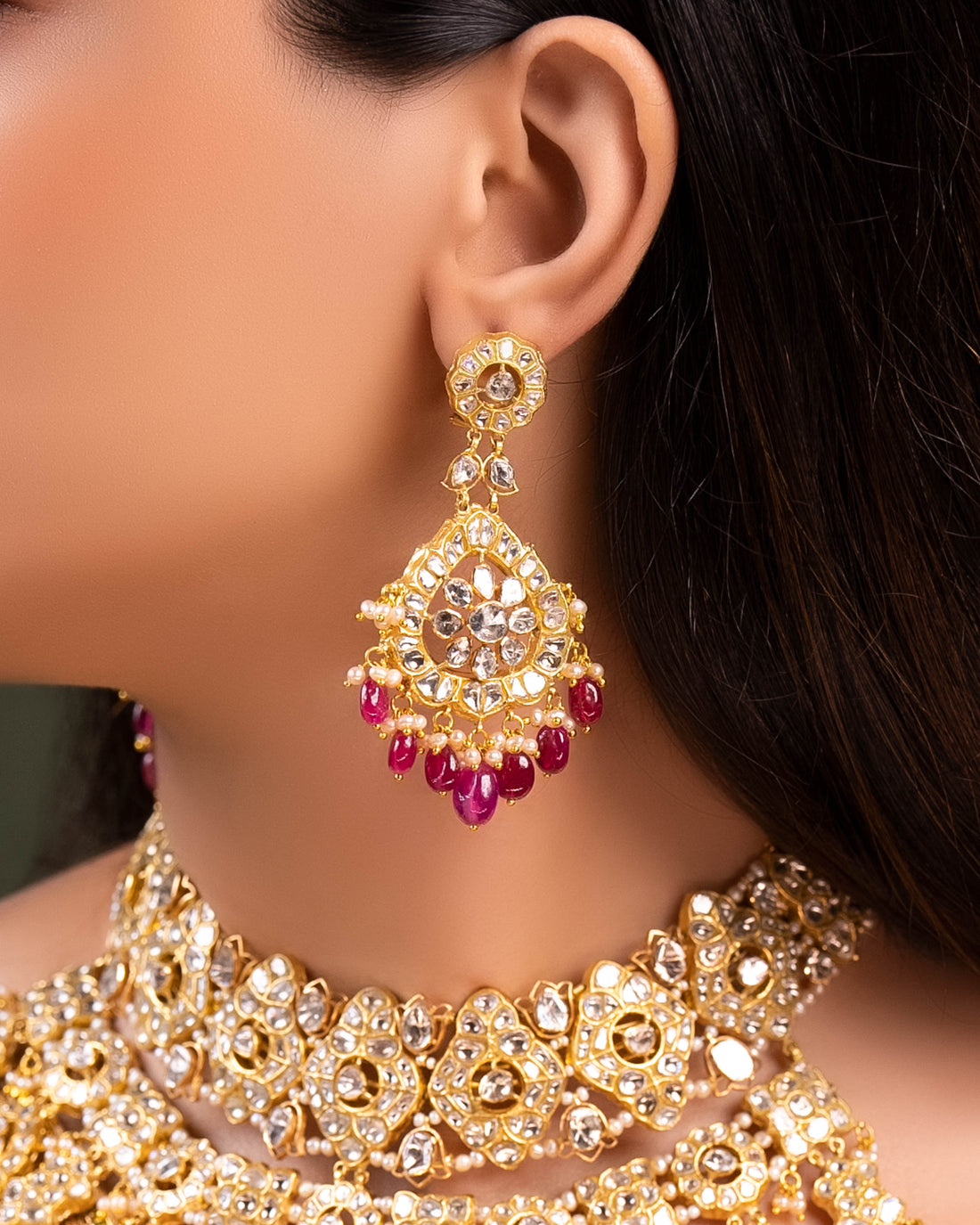 Sage Necklace And Sanchi Long Earrings Polki Set